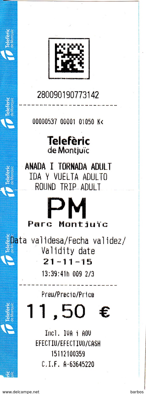 Spain , Espagne , Teleferic De Montjuic Ticket , 2015 , Used - Other & Unclassified