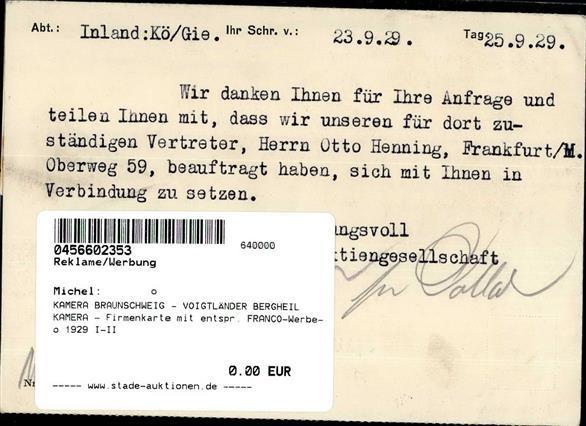 KAMERA BRAUNSCHWEIG - VOIGTLÄNDER BERGHEIL KAMERA - Firmenkarte Mit Entspr. FRANCO-Werbe-o 1929 I-II - Pubblicitari