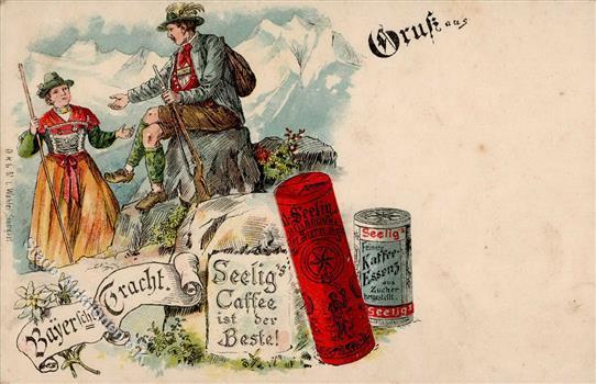 Kaffeewerbung Seelig's Kaffee Bayerische Tracht  Lithographie I-II (Stauchung) - Reclame