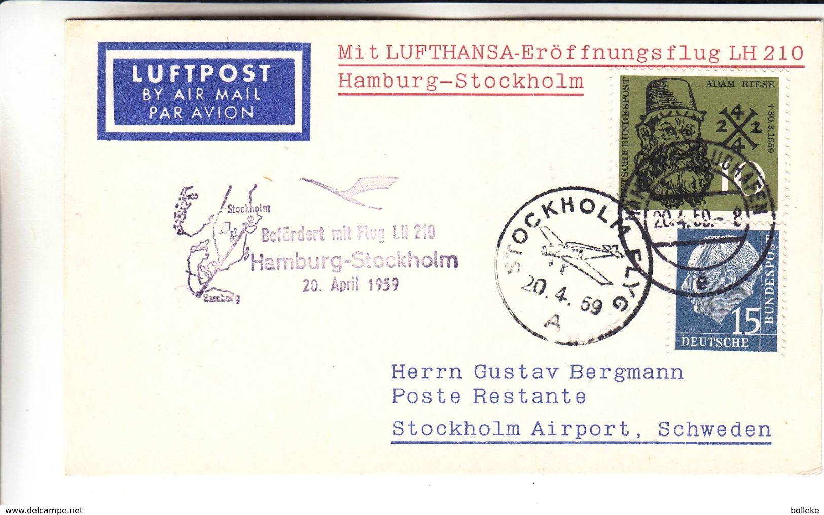République Fédérale - Carte Postale De 1959 - Oblit Hamburg Flughafen - 1er Vol Hamburg Stockholm - Cachet De Stockholm - Briefe U. Dokumente