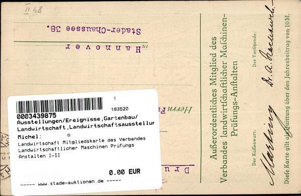 Landwirtschaft Mitgliedskarte Des Verbandes Landwirtschaftlicher Maschinen Prüfungs Anstalten I-II Paysans - Esposizioni