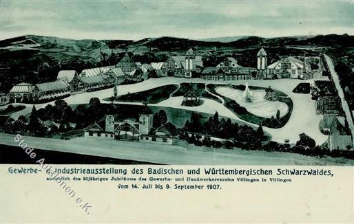 Ausstellung, Gewerbe U. Industrie Des Bad. Und Württ. Schwarzwaldes 14.7.-9.9.1907", Olivfarbene Glanz-AK, 5 Pf Grün, DB - Esposizioni