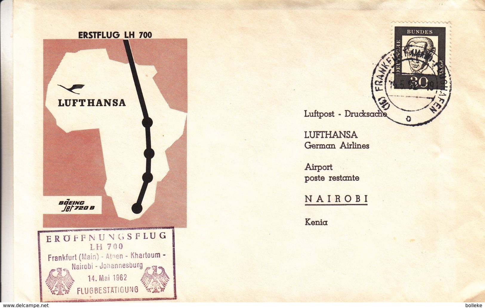 République Fédérale - Lettre De 1962 - Oblit Frankfurt - 1er Vol Frankfurt Athenes Khartoum Nairobi Johannesburg - - Lettres & Documents