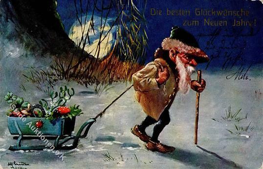 Schönian, A. Zwerge Pilz Neujahr TSN-Verlag 629 Künstlerkarte I-II Bonne Annee Lutin - Fiabe, Racconti Popolari & Leggende