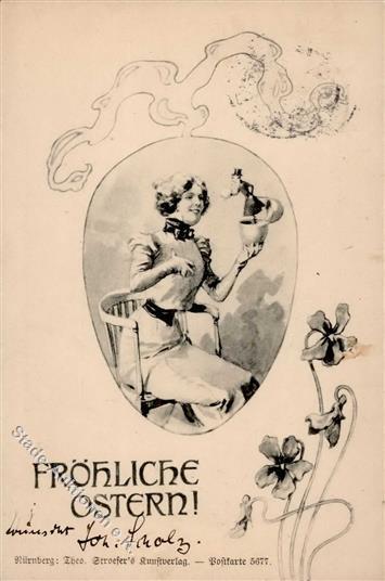 Ostern Frau Jugendstil TSN-Verlag 5677 Künstlerkarte 1902 I-II (fleckig) Art Nouveau Paques - Pasen