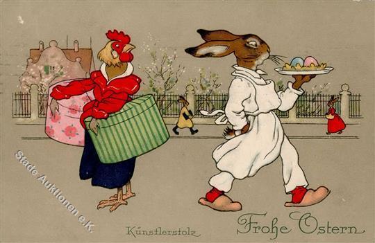 Ostern Hase Huhn Personifiziert Künstlerkarte I-II Paques - Ostern