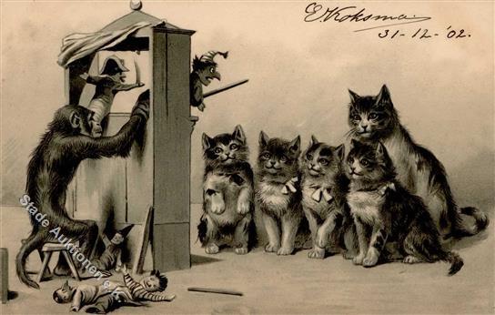 Katze Affe Personifiziert Kasper-Theater Präge-Karte 1902 I- Chat - Gatti
