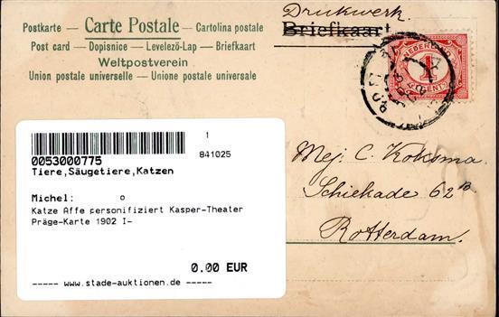 Katze Affe Personifiziert Kasper-Theater Präge-Karte 1902 I- Chat - Gatti