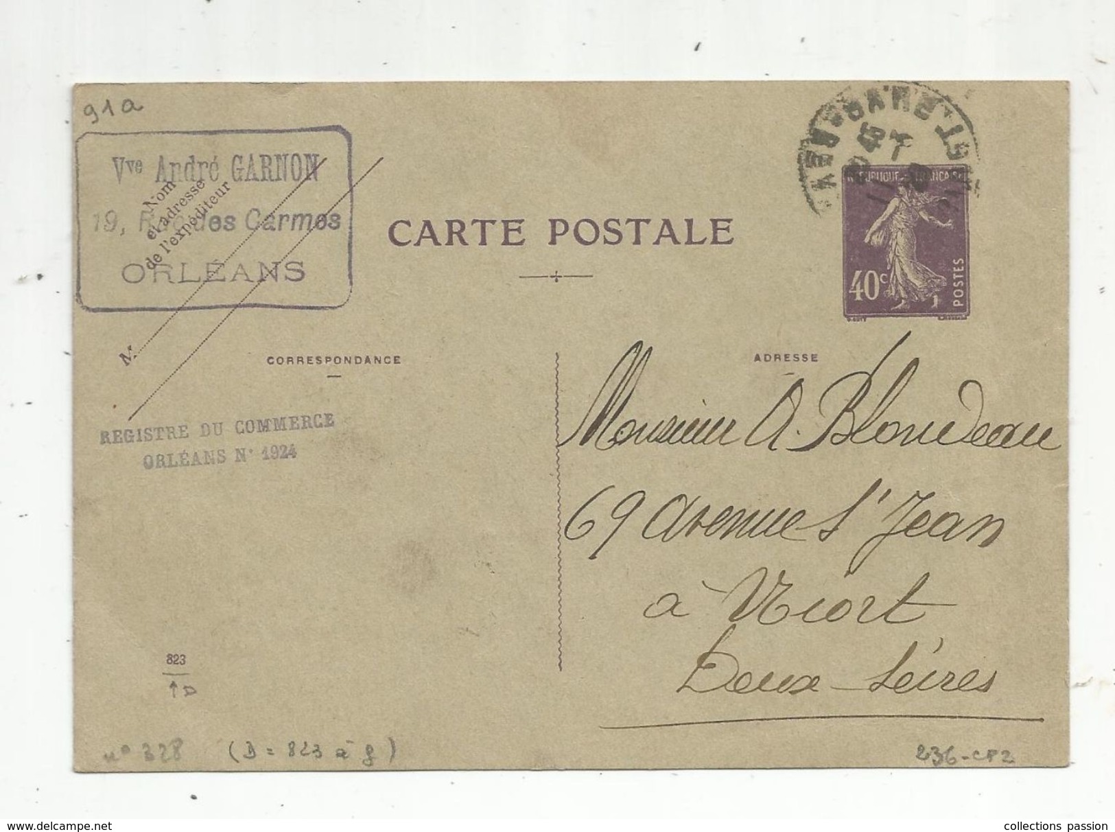 Sur Carte Postale , ENTIER POSTAL , 40c , 1929 , Vve André Garnon ,19rue Des Carmes , ORLEANS - Standard Postcards & Stamped On Demand (before 1995)