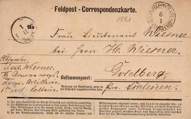 Feldpost K. PR. 54 Armeecorps Correspondenzkarte 1871 I-II - Andere & Zonder Classificatie