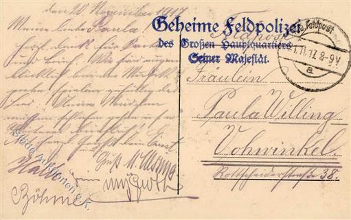 Feldpoststempel WK I Stpl. Geheime Feldpolizei Des Großen Hauptquartiers Seiner Majestät 1917 I-II - Oorlog 1914-18