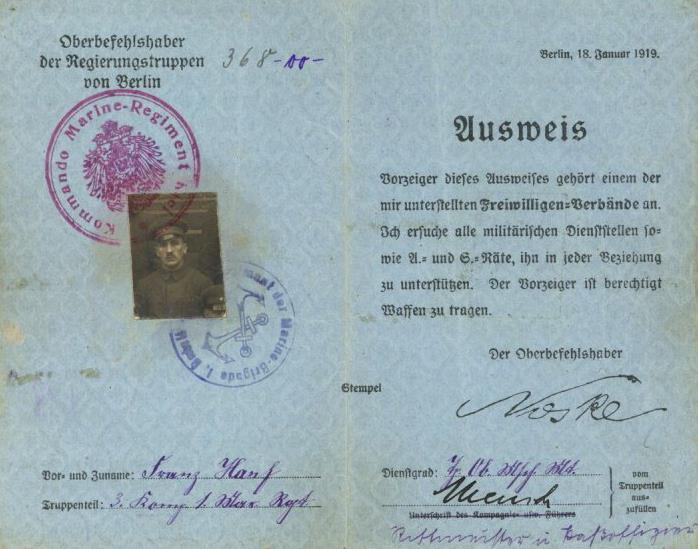 Zwischenkriegszeit Ausweis Für Freiwilligen Verbände 1919 II - Geschiedenis