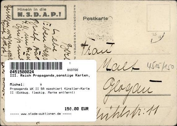 Propaganda WK II SA Maschiert Künstler-Karte II (Eckbug, Fleckig, Marke Entfernt) - Oorlog 1939-45