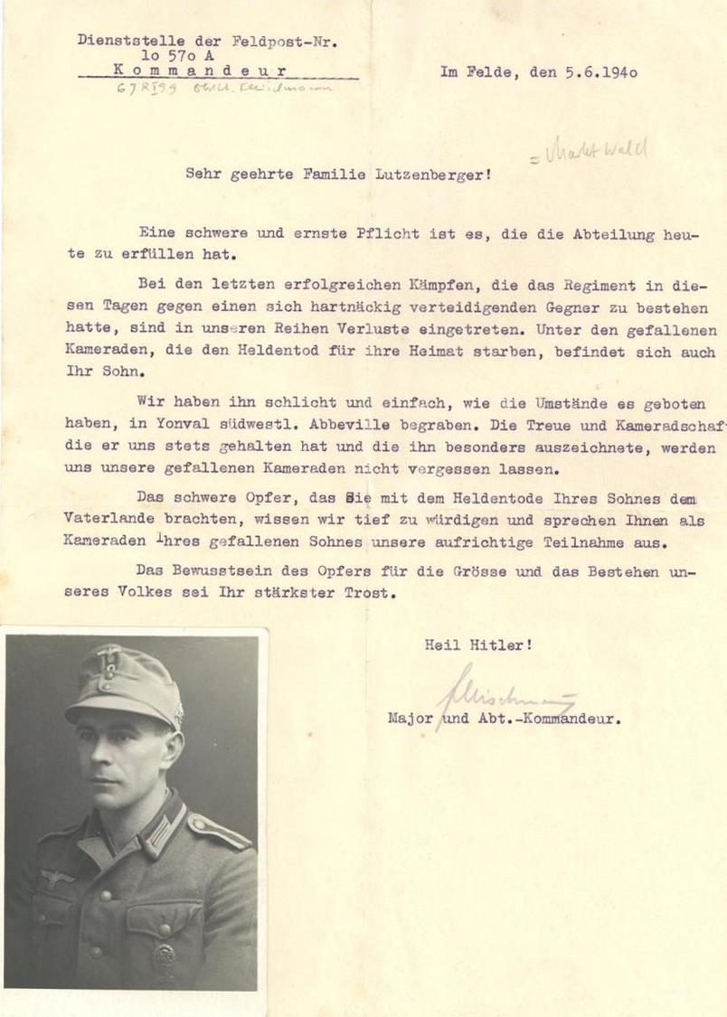 Ritterkreuzträger WK II Posthum Fleischmann, Josef Major Beileidsschreiben An Die Eltern Eines Gefallenen Soldaten (Foto - Guerra 1939-45