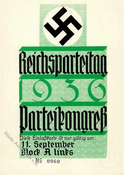 REICHSPARTEITAG 1936 WK II - Einlasskarte 11.Sept.1936 PARTEIKONGRESS I - Oorlog 1939-45