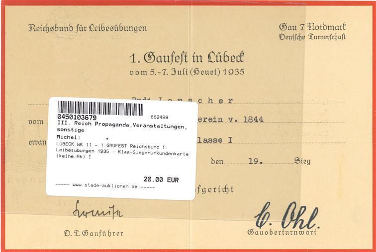 LÜBECK WK II - 1.GAUFEST Reichsbund F. Leibesübungen 1935 - Klaa-Siegerurkundenkarte (keine Ak) I - Oorlog 1939-45