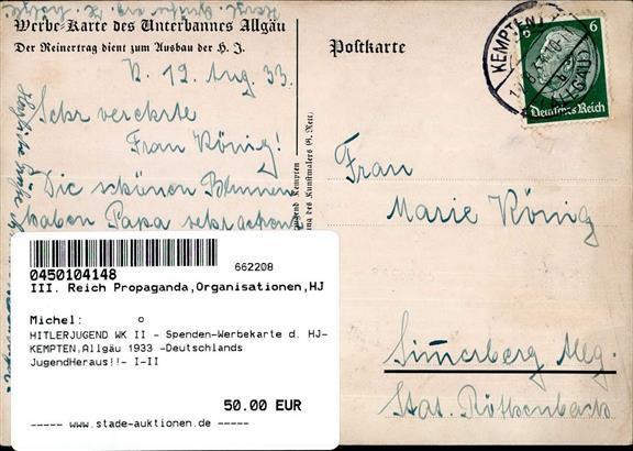 HITLERJUGEND WK II - Spenden-Werbekarte D. HJ-KEMPTEN,Allgäu 1933 -Deutschlands JugendHeraus!!- I-II - Oorlog 1939-45