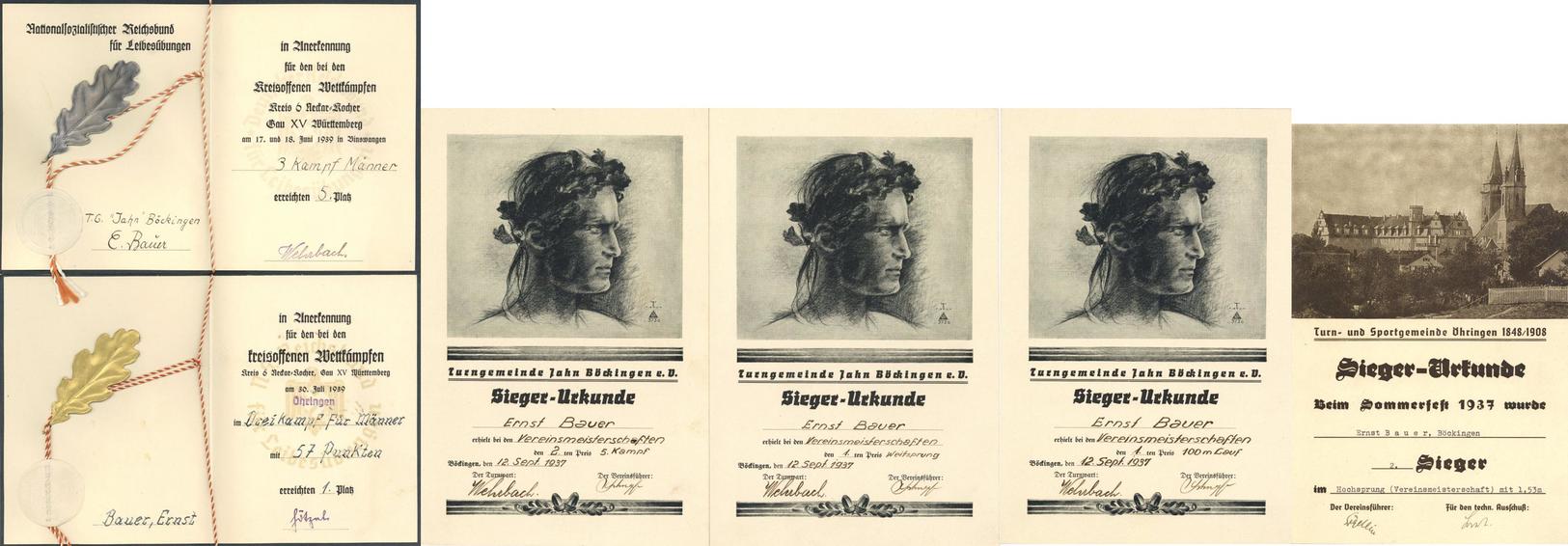 Turnen WK II Lot Mit 11 Urkunden Von 1926 Bis 1939 Von Einem Teilnehmer Der Turngemeinschaft Jahn Heilbronn-Böckingen I- - Oorlog 1939-45