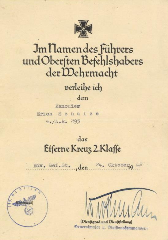 Verleihungsurkunde Eisernes Kreuz 2. Klasse Unterschrieben Von General Rolf Wuthmann Der 295 Inf. Division I-II - Guerra 1939-45