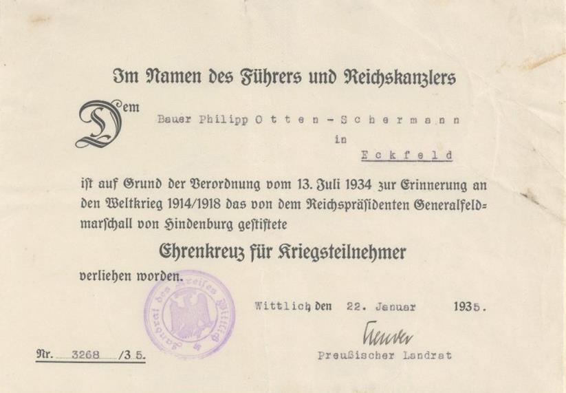 Verleihungsurkunde WK I Ehrenkreuz Für Kriegsteilnehmer I-II - Oorlog 1939-45