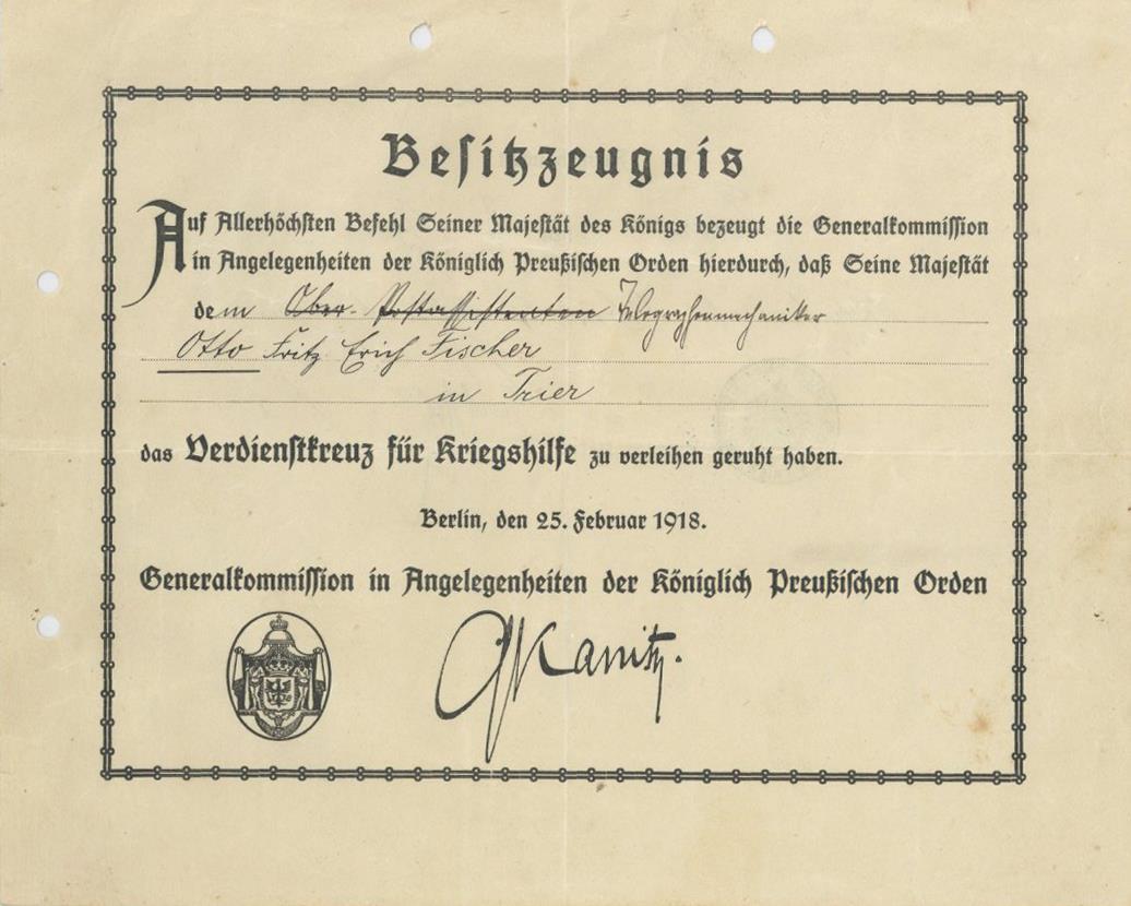 Verleihungsurkunde WK I Verdienstkreuz Für Kriegshilfe I-II - Oorlog 1939-45