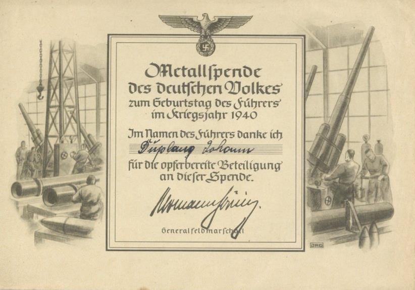 Verleihungsurkunde WK II Metallspende Des Deutschen Volkes I-II - Guerra 1939-45