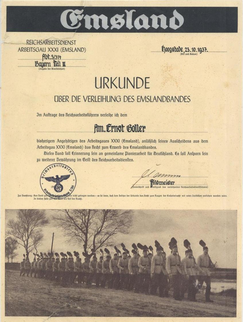 Verleihungsurkunde WK II Reichsarbeitsdienst Arbeitsgau XXXI Abt. 3/314 Verleihung Des Emslandbandes II (fleckig, Repari - Oorlog 1939-45