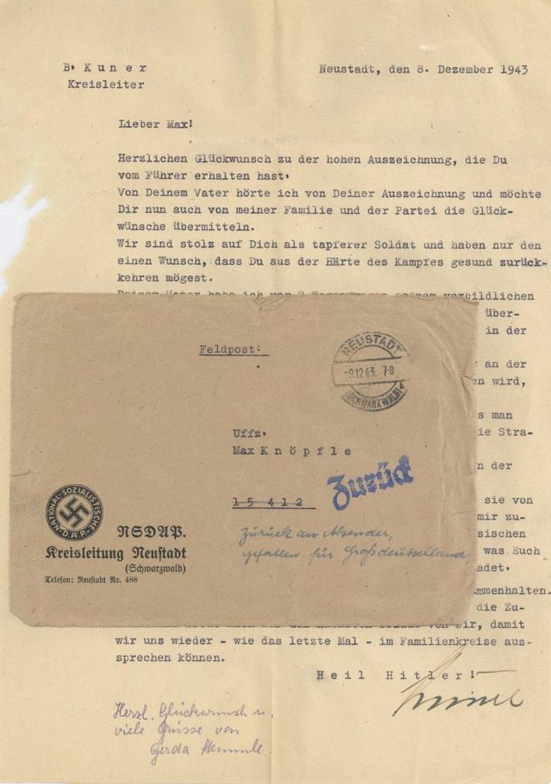 WK II NSDAP Kreisleiter Kuner Brief An Einne Tapferen Soldaten, Der Ihn Nicht Mehr Erreicht Hat, Da Bereits Gefallen II  - Oorlog 1939-45