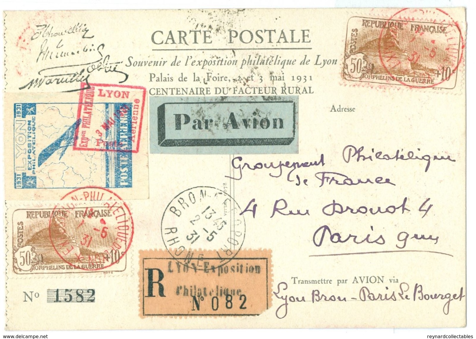 1931 France Lyon Grande Fete Expo Philatelique Poste Aerienne Regd.pc Orphelins+ 2 X1946 Propagande Vignette - 1927-1959 Covers & Documents