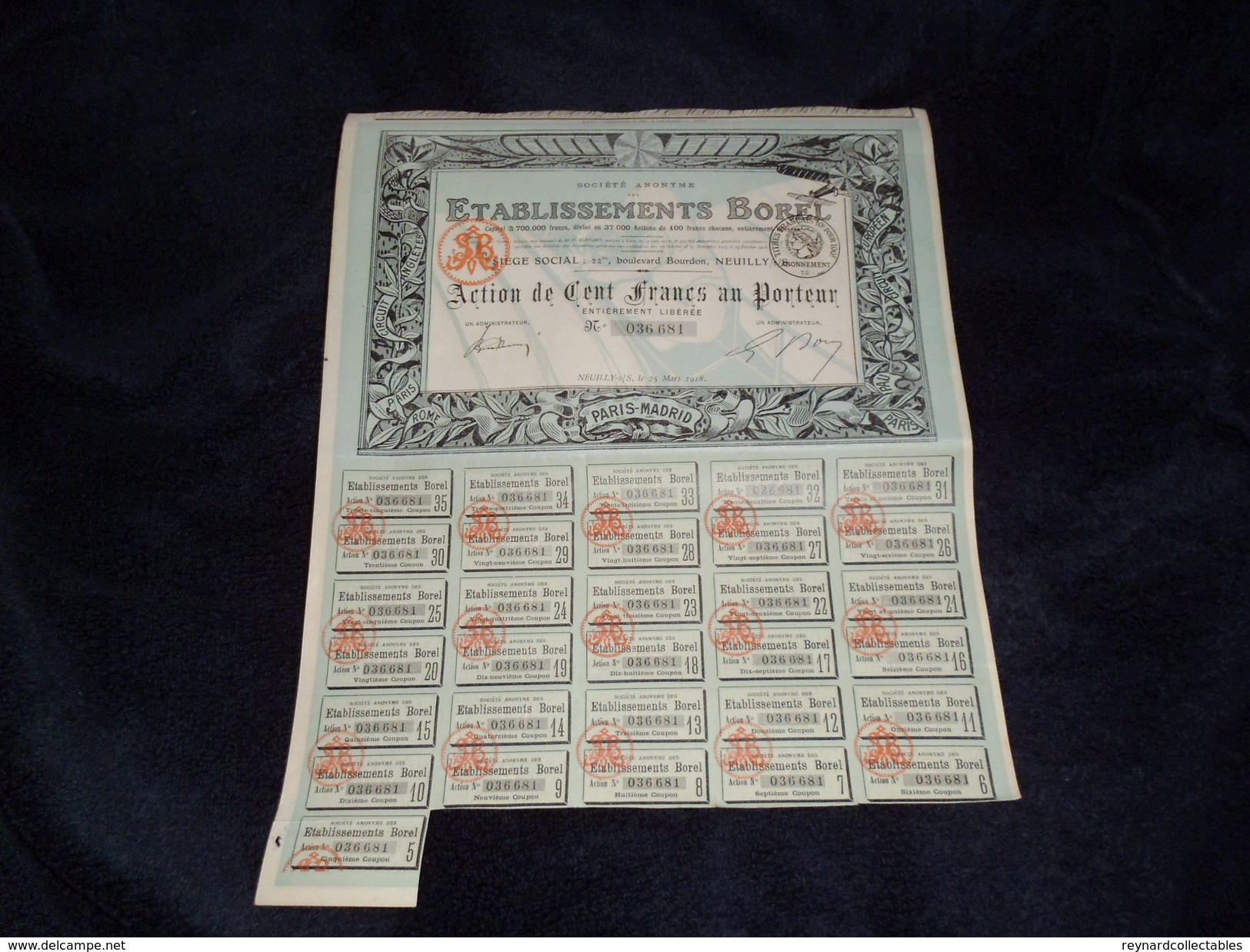 1918 France Etablissements Borel Share Certificate/coupons X 2, Aviation Interest - Aviation