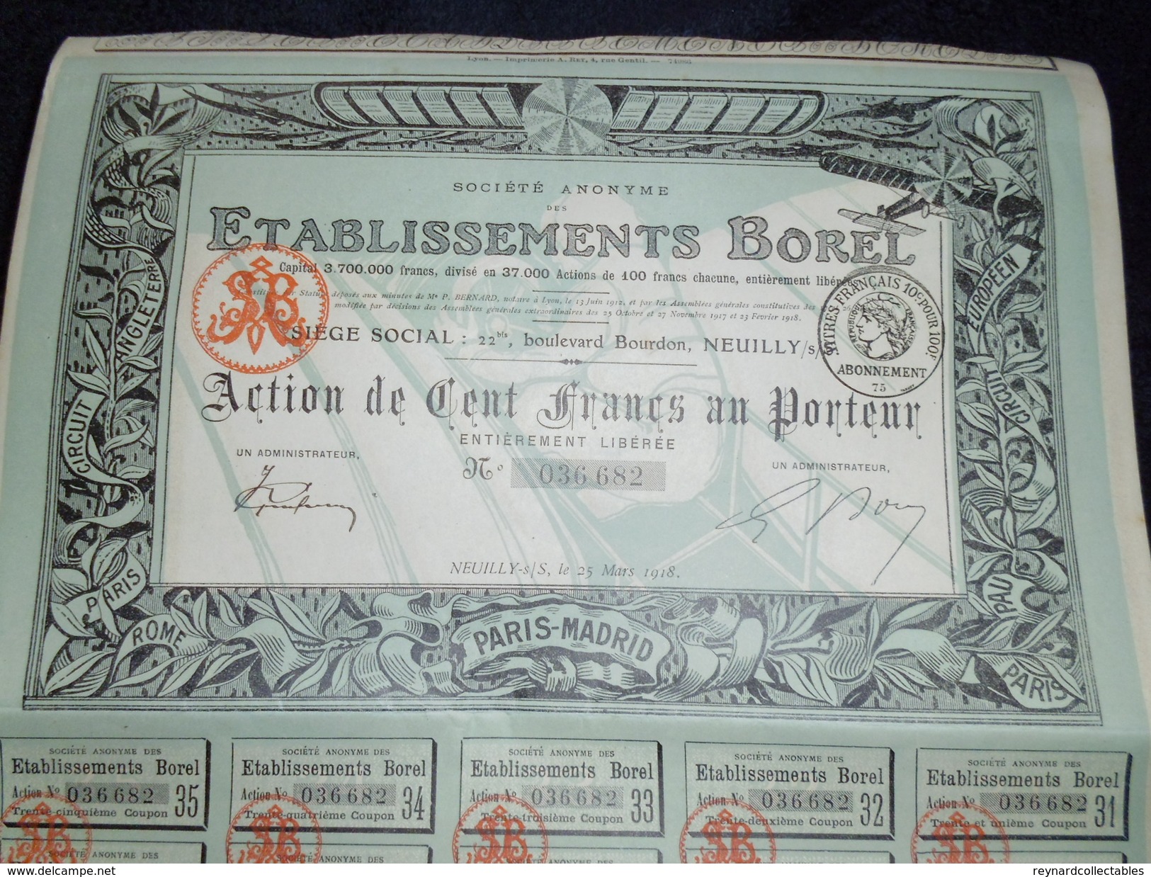 1918 France Etablissements Borel Share Certificate/coupons X 2, Aviation Interest - Aviation