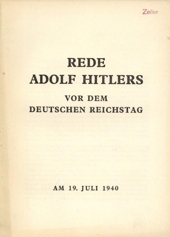 Buch WK II Rede Adolf Hitlers Vor Dem Deutschen Reichstag 1940 Deutscher Verlag 43 Seiten II - Guerra 1939-45