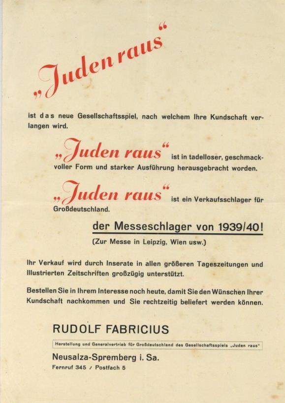 Judaika Juden Raus Gesellschaftsspiel Werbe-Flugblatt 15 X 21 Cm I-II (fleckig) Judaisme - Giudaismo