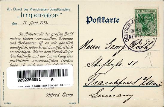 Dampfer Vierschrauben Schnelldampfer Imperator Hamburg Amerika Linie  Künstlerkarte 1913 I-II - Guerra