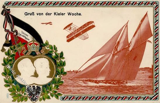 Segelboot Kieler Woche Kaiserpaar Schwarz-Weiß-Rot Prägedruck 1912 I-II Bateaux - Guerra