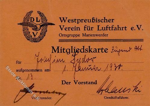 MARIENWERDER - WESTPREUSSISCHER VEREIN Für LUFTFAHRT E.V. - Mitgliedskarte Ortsgruppe Marienwerder 1930 I-II - Piloten