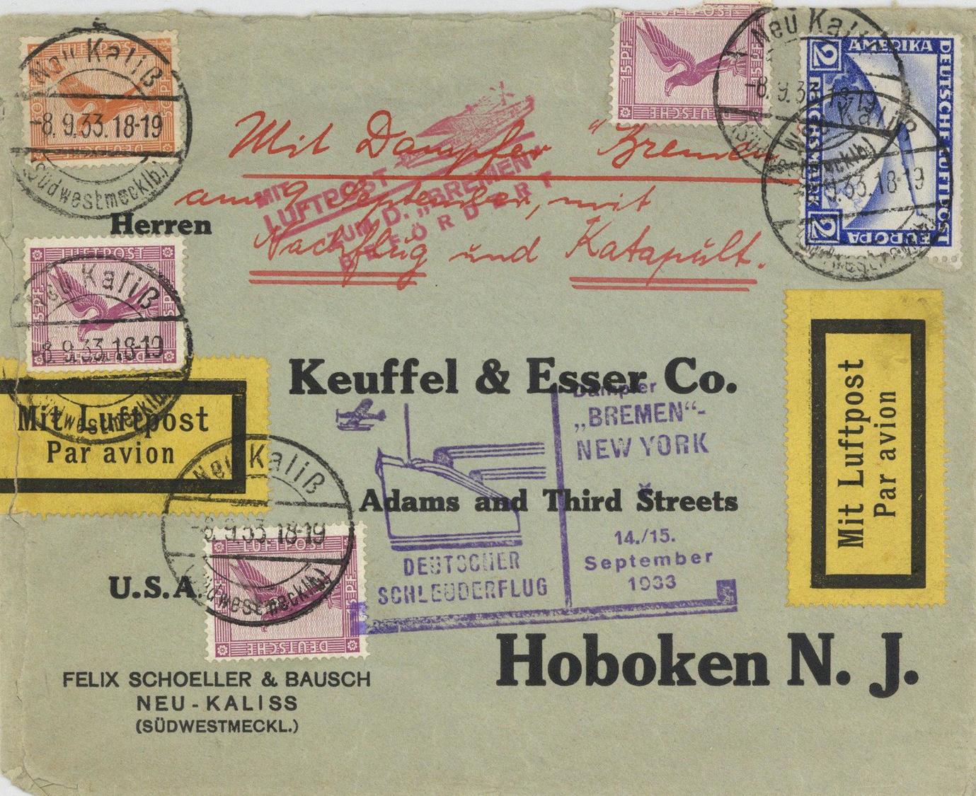 Flugpoststempel Deutscher Schleuderflug Bremen New York 1933 2 RM Zeppelin, Marken Teils Mängel Dirigeable - Altri & Non Classificati