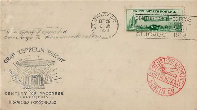 Zeppelinpost, 1933, USA-Post, Si.244C, 50 C Zeppelin, Alters- Beförderungsspuren,  Ab CHICAGO OCT 26 1933, Nach Friedric - Luchtschepen