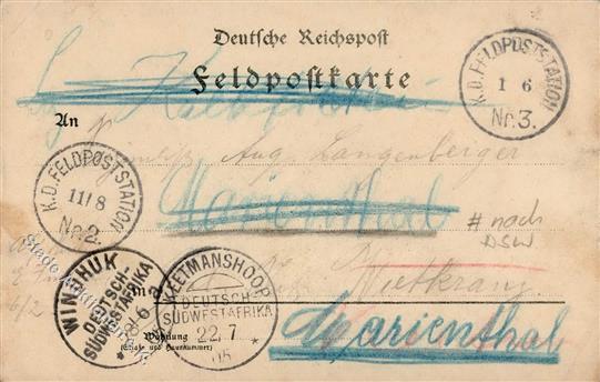 Kolonien Deutsch Südwestafrika Feldpost Von K.D.Feldpoststation über Windhuk Nach Keetmanshoop  1905 I-II Colonies - Storia