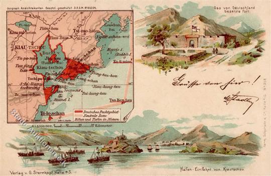 Kolonien Kiautschou Hafen Einfahrt, Von Deutschland Besetztes Fort Lithographie I-II Colonies - Storia