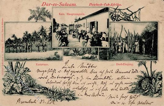 Kolonien Deutsch Ostafrika Dar-es-Salaam Kais. Hauptmagazin Dorf Eingang Karawane I-II (fleckig) Colonies - Geschiedenis