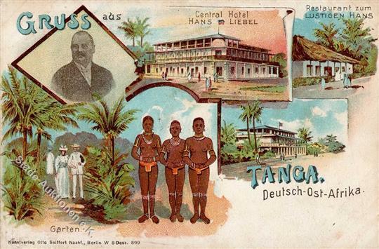 Kolonien Deutsch Ostafrika Tanga Central Hotel Hans Liebel Restaurant Zum Lustigen Hans Lithographie I-II Colonies - Geschiedenis