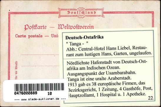 Kolonien Deutsch Ostafrika Tanga Central Hotel Hans Liebel Restaurant Zum Lustigen Hans Lithographie I-II Colonies - Geschiedenis