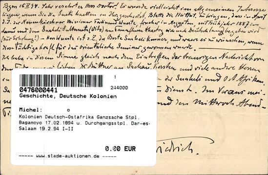 Kolonien Deutsch-Ostafrika Ganzsache Stpl. Bagamoyo 17.02.1894 U. Durchgangsstpl. Dar-es-Salaam 19.2.94 I-II Colonies - Geschiedenis