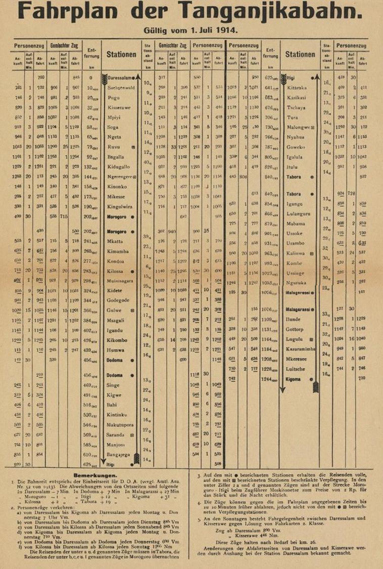 Kolonien Deutsch-Ostafrika Original Fahrplan Der Tanganjikabahn Gültig Vom 14. Juli 1914 I-II Colonies - Storia