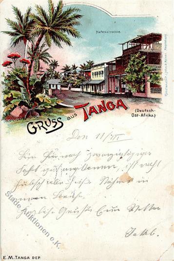 Kolonien Deutsch-Ostafrika Tanga Hafenstrasse Stpl. Tanga 12.3.05 Litho II (Abschürfung, Bug) Colonies - Storia