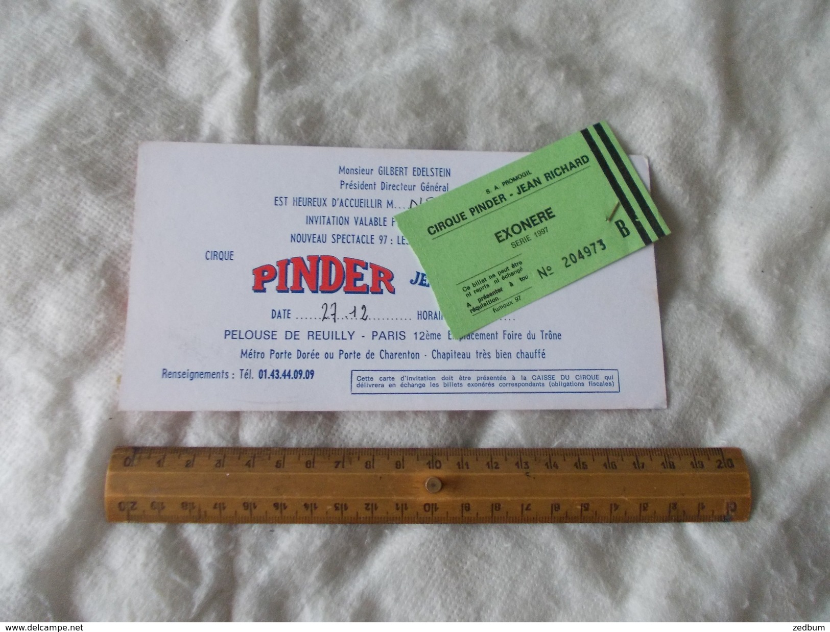 Invitation Cirque Pinder Jean Richard 27 Decembre 1997 Paris - Tickets - Vouchers