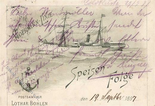 Kolonien Togo Postdampfer Lothar Bohlen Stpl. Lome Togogebiet 2.10.97 Handgemacht Aus Der Speisekarte Des Schiffes Unika - Geschiedenis