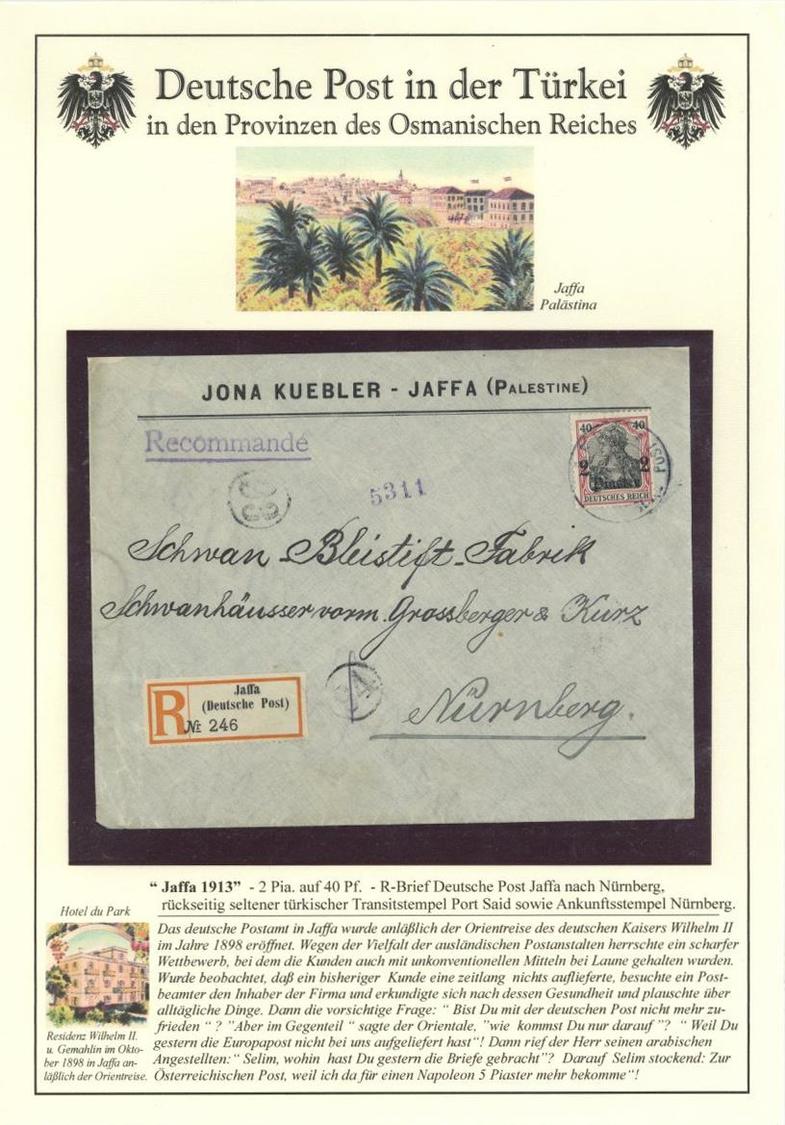 Deutsche Post Türkei Jaffa 1913 2 Pia Auf 40 Pf. R-Brief Deutsche Post Jaffa RS Seltener Türkischer Transitstempel Port  - Geschiedenis