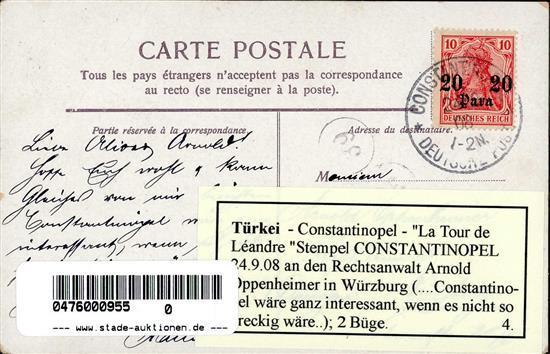 Kolonien Deutsche Post Türkei Konstantinopel La Tour De Leandre 1908 I-II Colonies - Geschiedenis